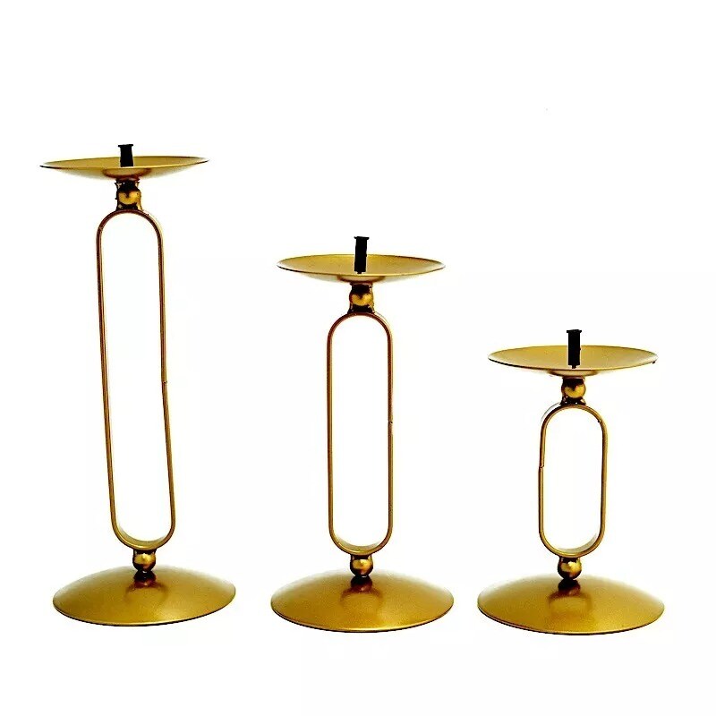 3 Gold Geometric Oval Metal Pillar Candle Holders Wedding Party Events Supplies