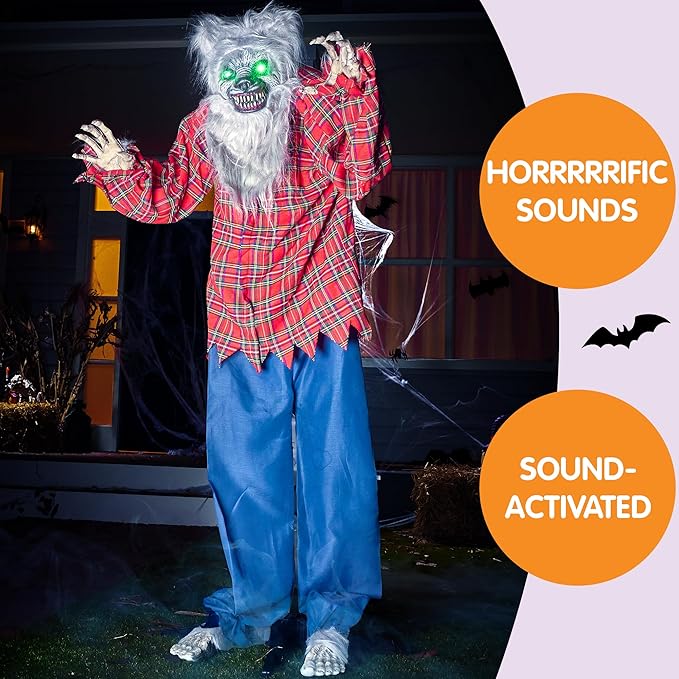 Scary Halloween Werewolf Decorations with LED Eyes and Creepy Sound, Life Size Animated Halloween Decoration Outdoor for Haunted House Decor Lawn Yard Patio