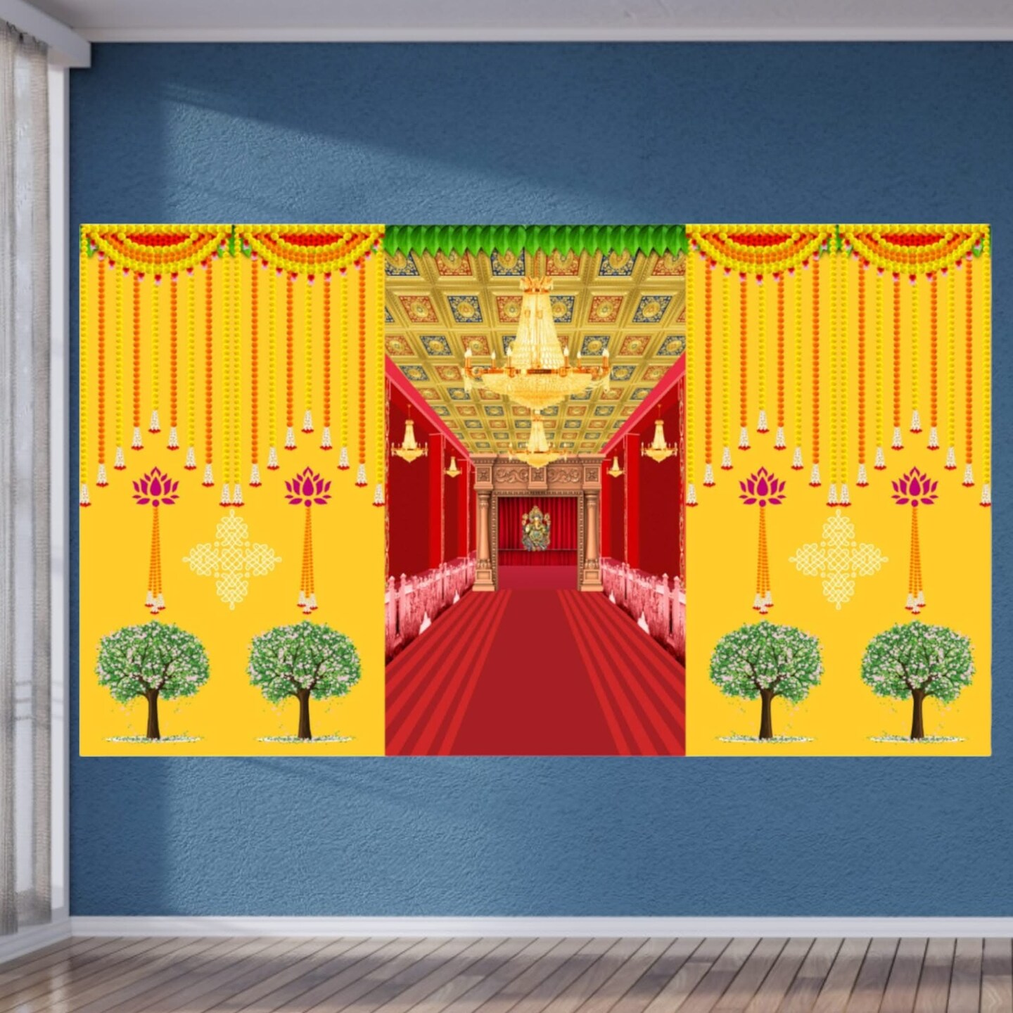 Ganesha Backdrop Indian Traditional Cloth 5x8 Feet Backdrop Pooja Banner Indian Wall Art Photo Decor Banner Diwali Decor Wedding Backdrop Decorative Pooja Cloth