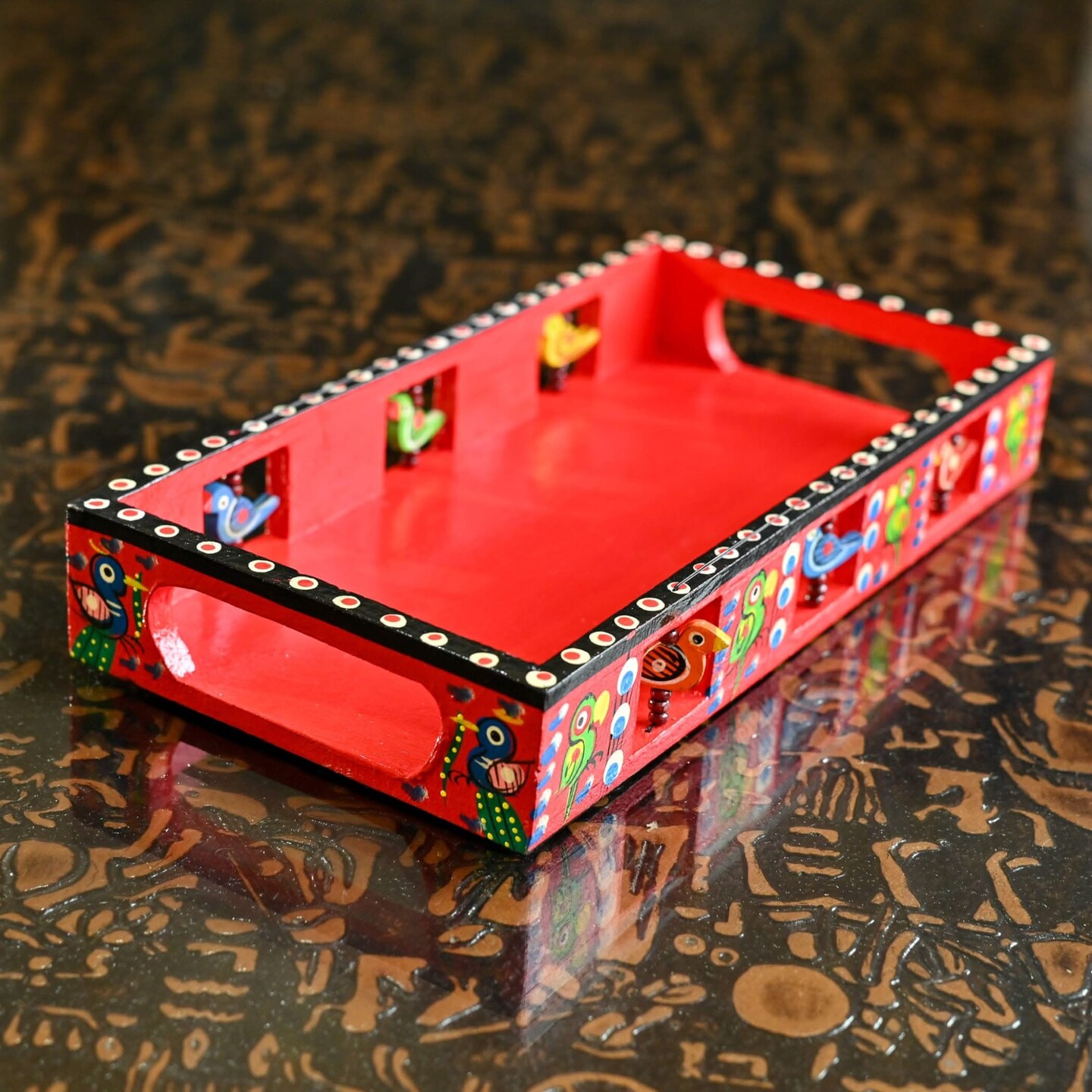 Wooden Serving Tray Hand Painted Tray Indian Decorative Platters for Snack Tea Kitchen Home Restaurant Dinning Table Decor - Breakfast Tray with Handles Great Gift Idea