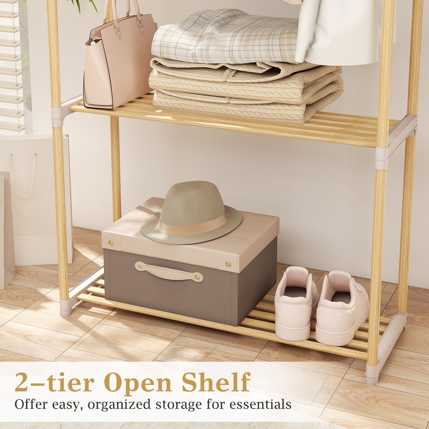 Pine Wood Clothes Rack Freestanding 2-Tier Shelves Hanging Rod Natural/Gray