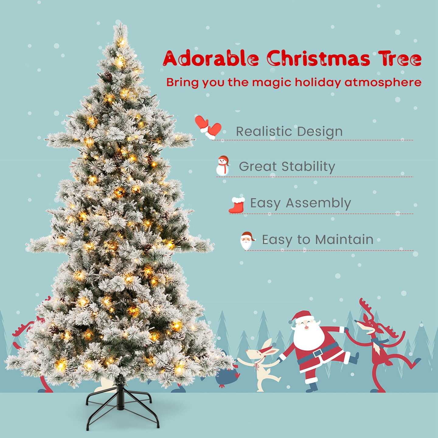 Costway 7 FT Flocked Christmas Tree Hinged Xmas Decoration with 420 LED Lights &#x26; 1057 Tips
