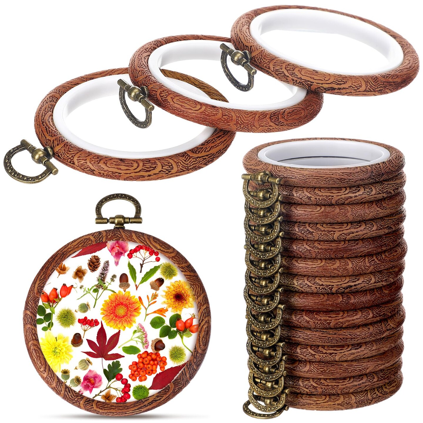 15 Pcs 2.4 Inch Fall Round Embroidery Hoops Frame Circle Rubber Hoops Ring Display Cross Stitch Ornament Imitated Wood Frame Kits for Christmas Halloween Craft Sewing DIY Hanging Gifts