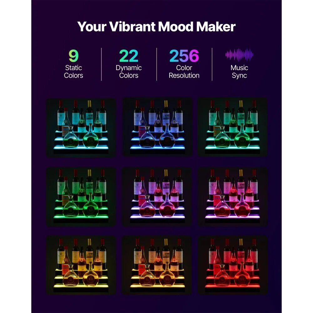 3-Tier LED Liquor Bottle Display Illuminated Acrylic Shelf RF Remote App 7 Colors