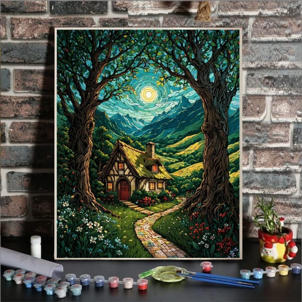 Landscape Paint by Numbers Kit for Adults Beginner Moon Forest Adult Paint by Number Kits On Canvas Adults' Paint-by-Number Kits DIY Oil Painting Kits for Gift Wall Decor 16x20 Inch