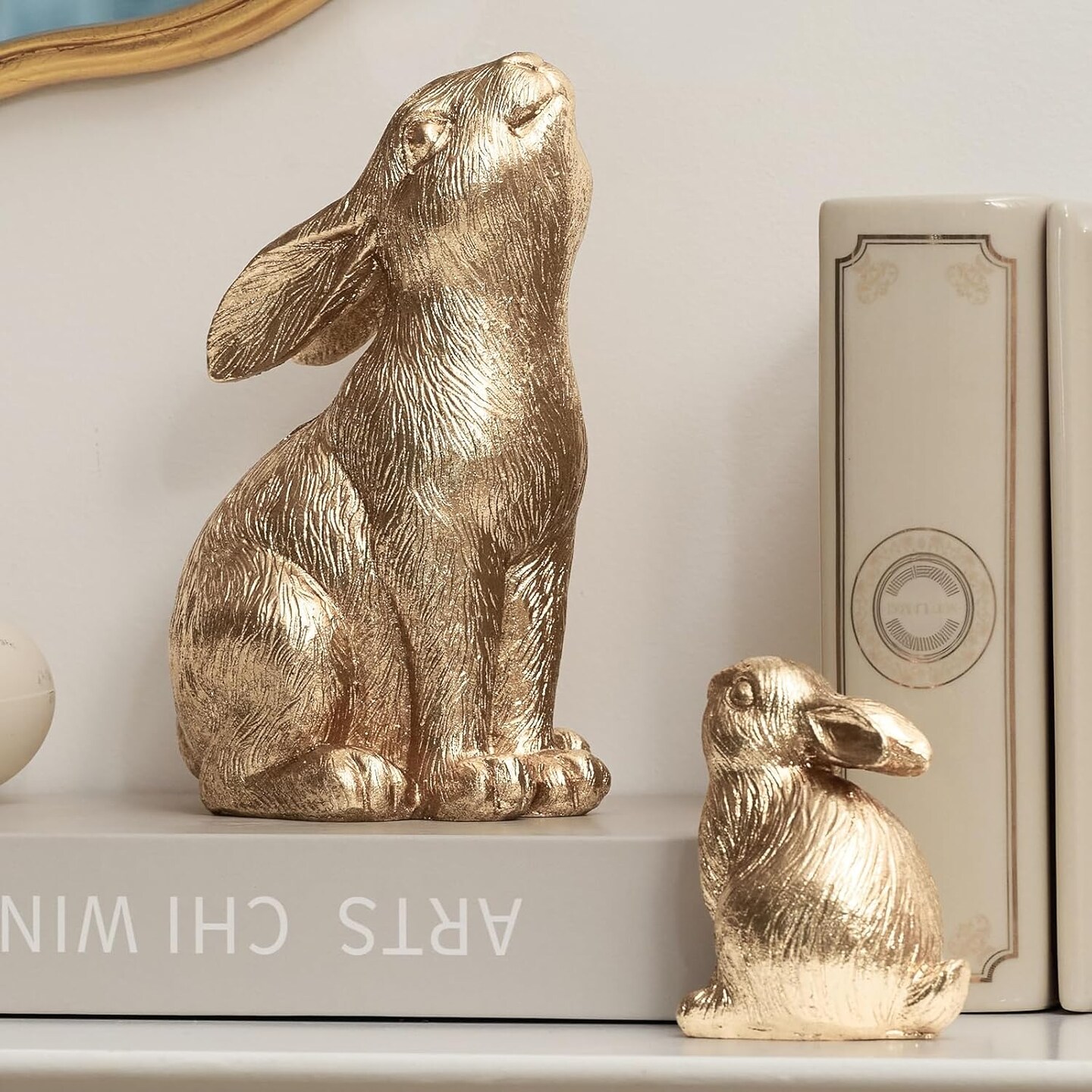 Set of 2 Easter Bunny Figurines, Gold Home Decor Resin Rabbit Statue