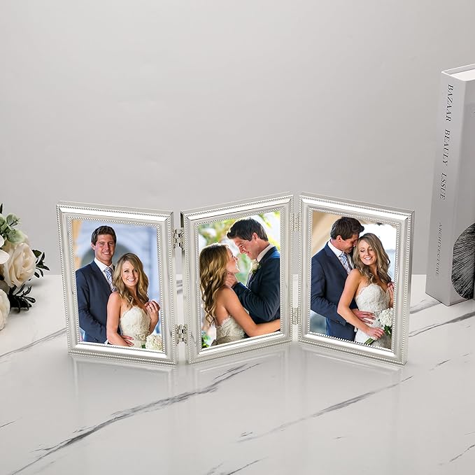Silver Plated 5x7 Triple Hinged Picture Frame, Elegant Beaded