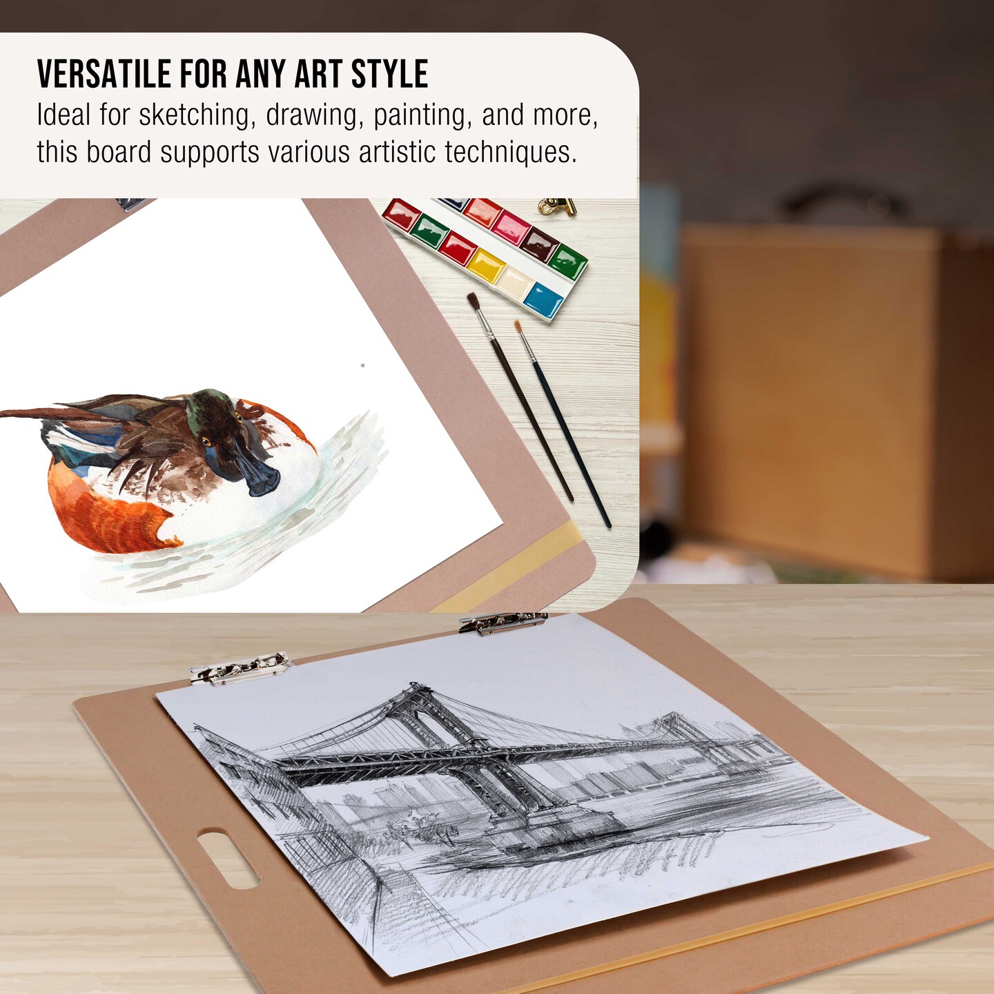 23" x 26" Artist Sketch Tote Board - Lightweight Hardboard Drawing Board with Handle, Clip & Rubber Band for Art, Sketching, Travel, Studio