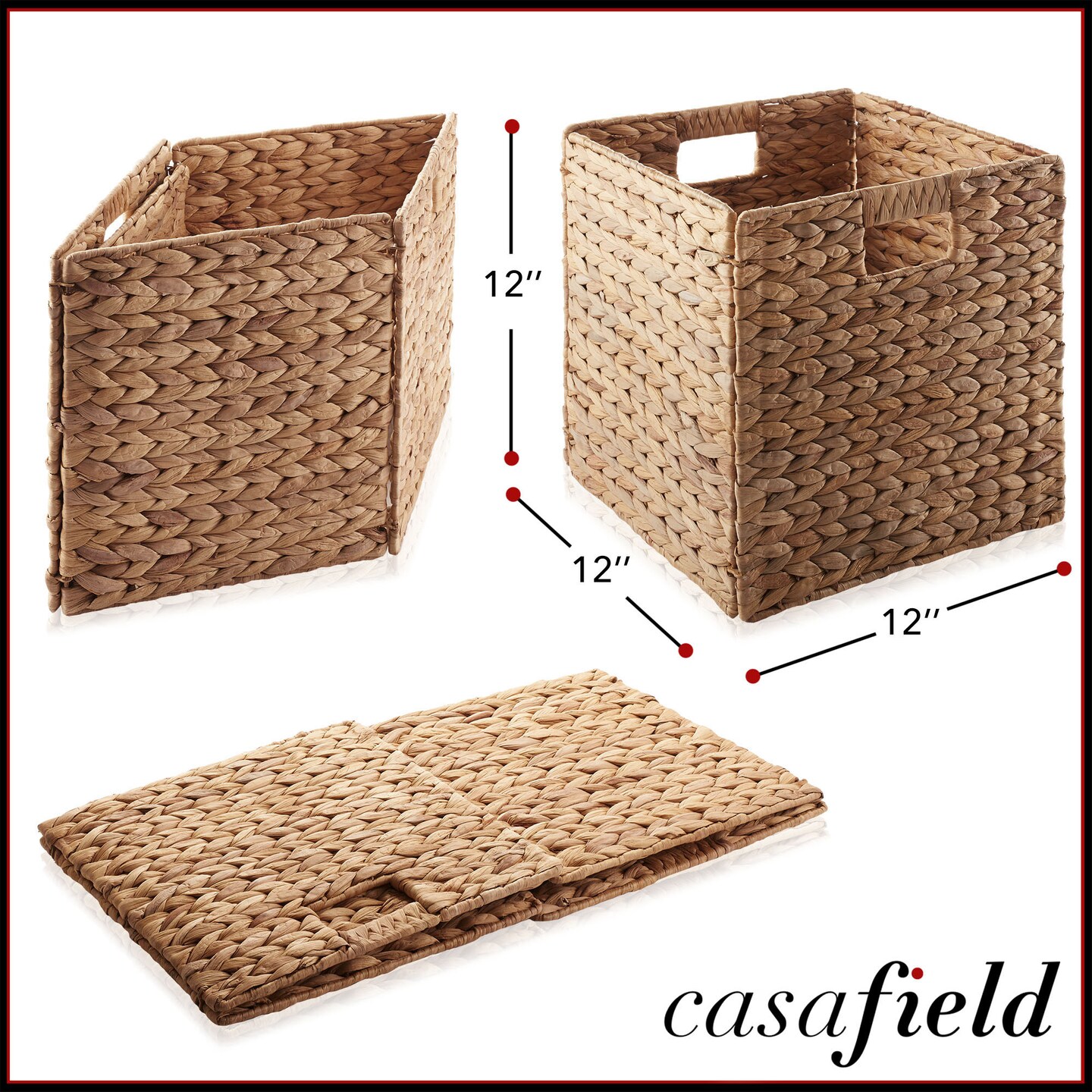 Casafield 12" x 12" Water Hyacinth Storage Baskets, Collapsible Cube Organizers, Woven Bins for Bathroom, Bedroom, Laundry, Pantry, Shelves