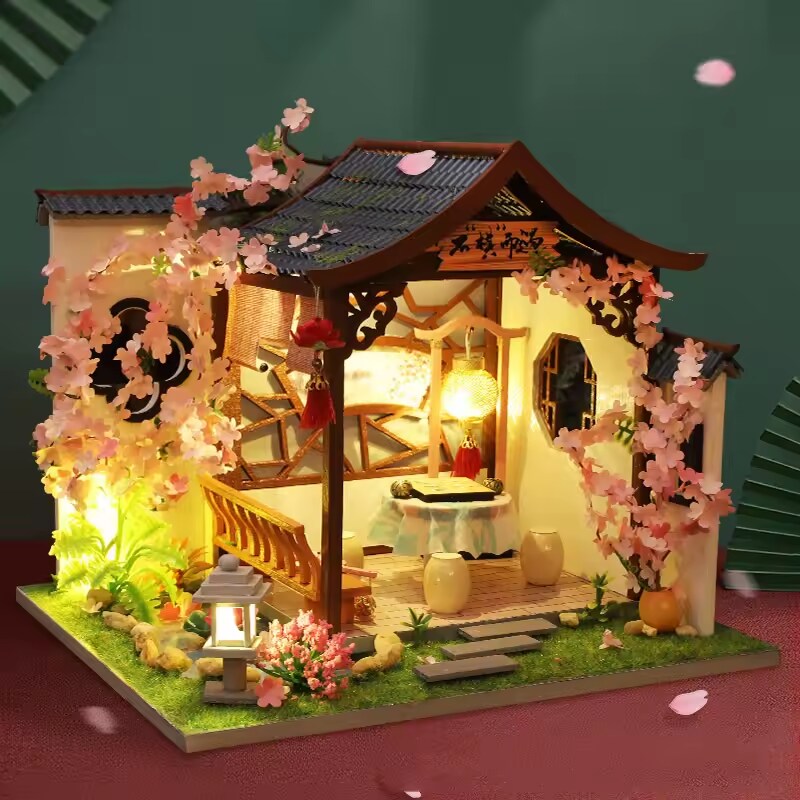 Cherry Blossom Dollhouse Kit - Miniature Wizardi Roombox Kit with LED Light F07M51-77-HL005-A
