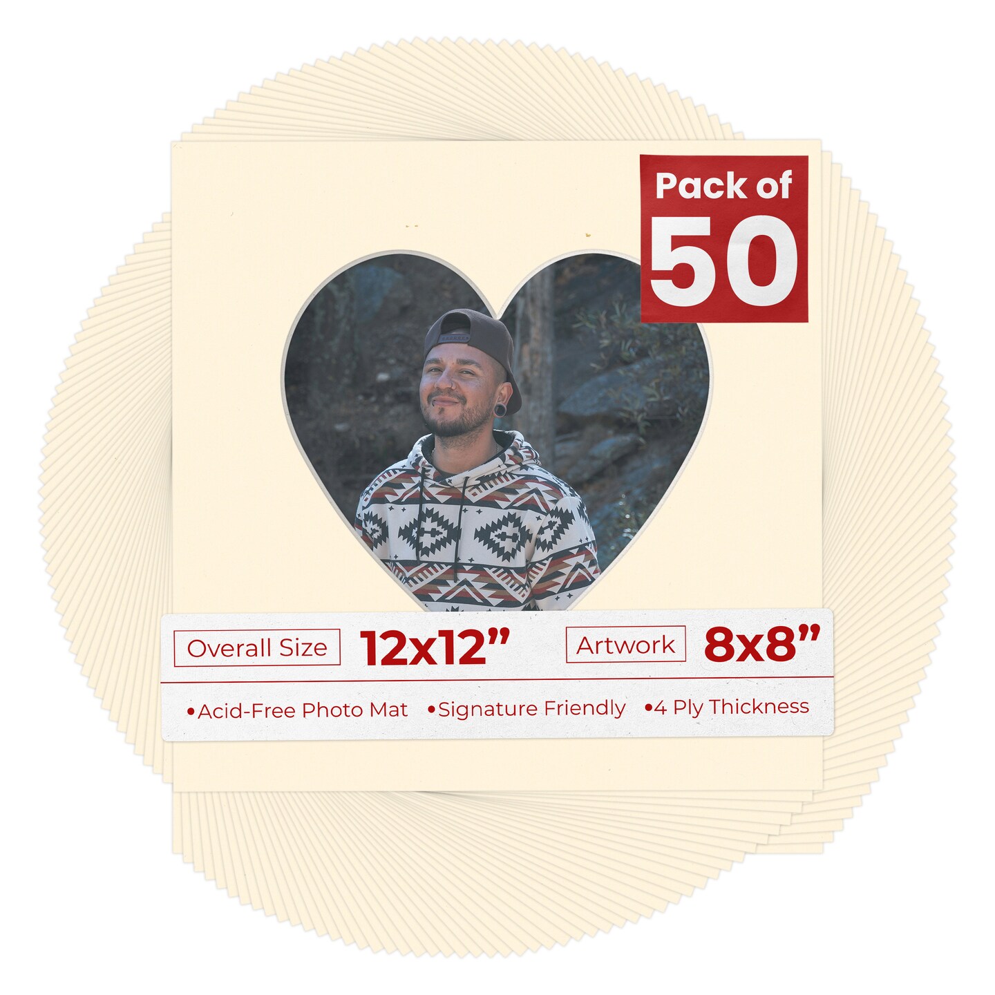 Bamboo Beige Mat Board for 12x12 Frames - Heart Opening for 8x8 Photos