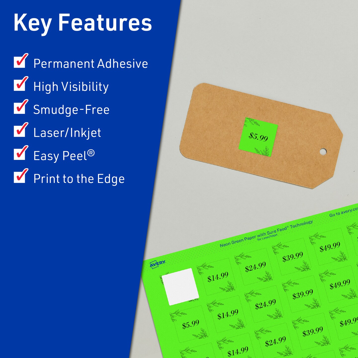 Avery Neon Green Paper Labels, 1&#x22; x 1&#x22; Square