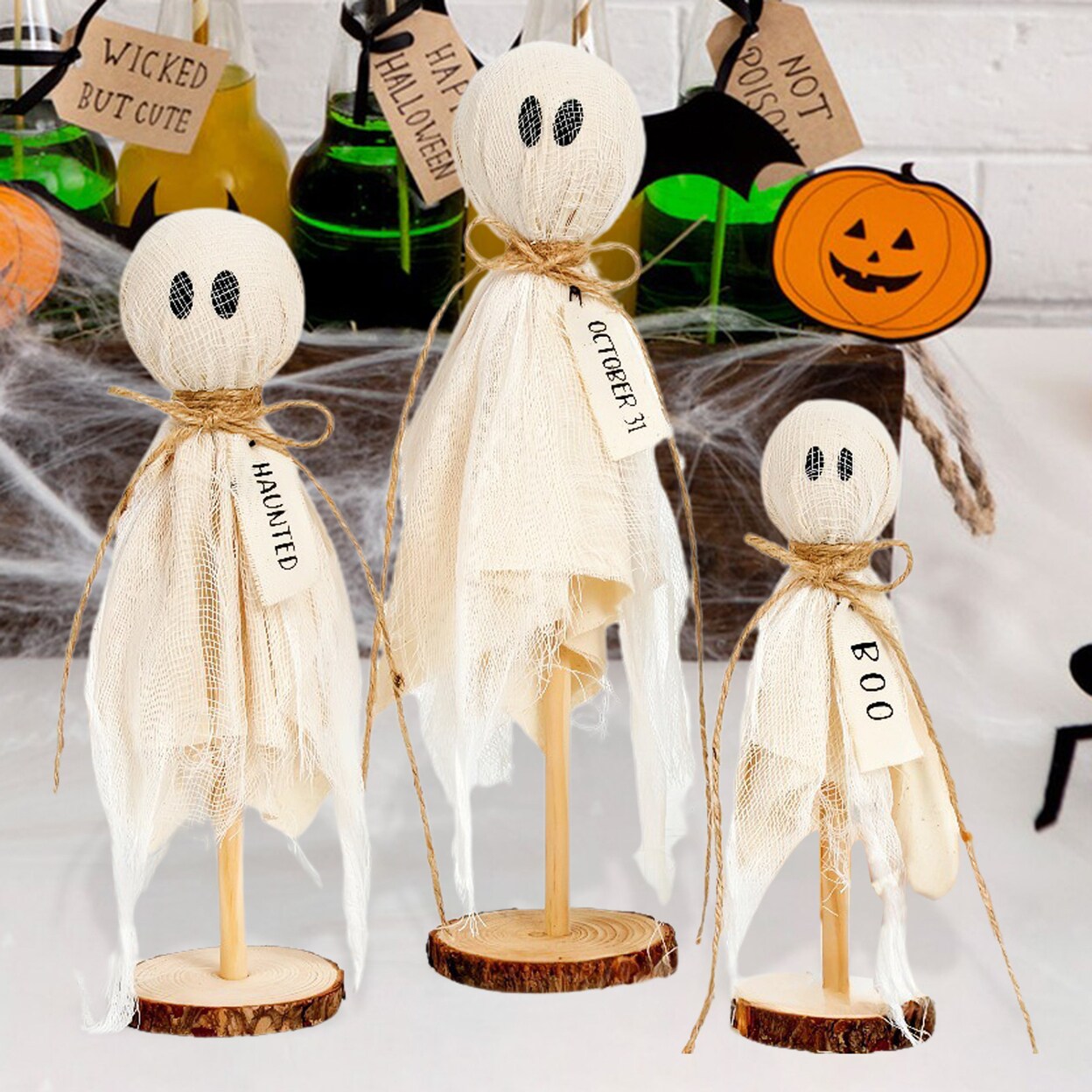 3 Pcs Halloween Ghosts Ornament Gauze Ghost Ornaments With Wooden Base ...