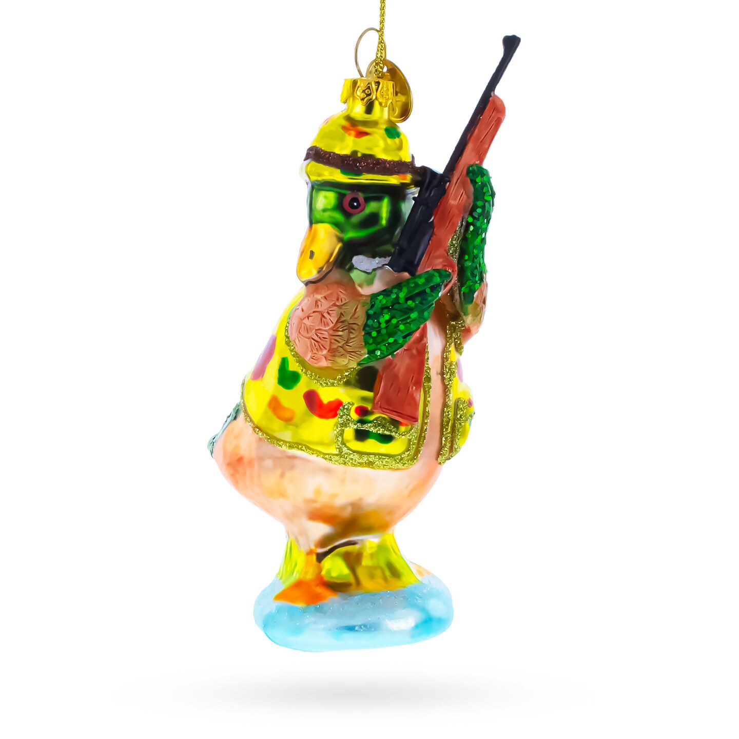 Adventurous Duck the Hunter Blown Glass Christmas Ornament