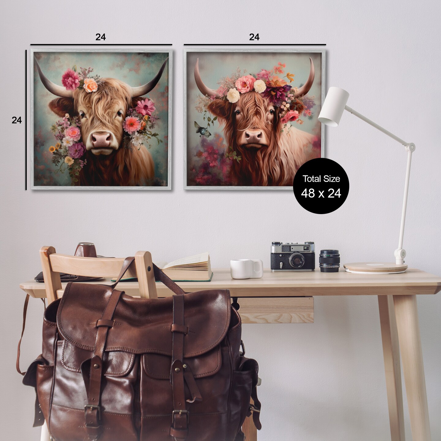 Stupell Industries Highland Cow Field Flower Crown 2 pc Framed Giclee Wall Art Set Design by Irena Orlov