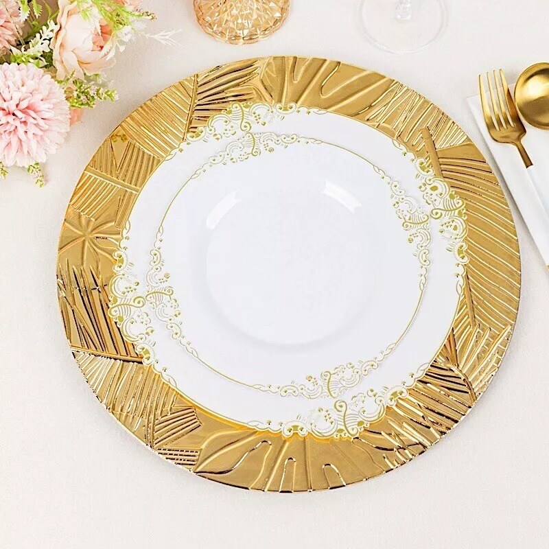 6 Metallic Gold 13" Round Acrylic CHARGER PLATES Embossed Tropical Leaves Party