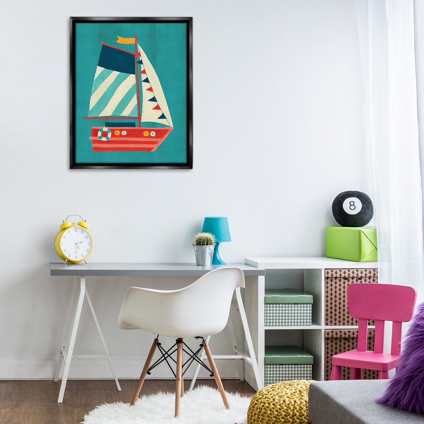 Stupell Industries Striped Sailboat on Blue Framed Floater Canvas Wall Art Design by Irene Chan