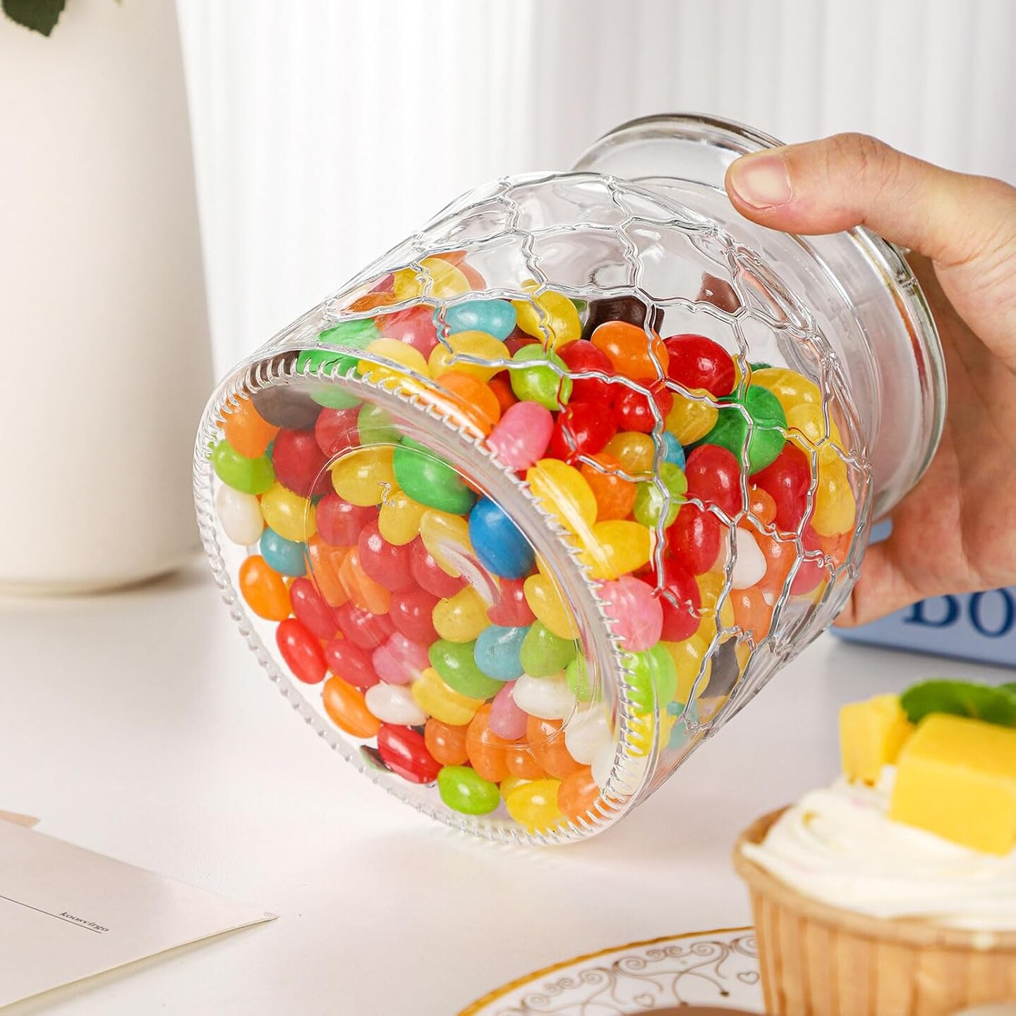 Set of 2 Airtight Glass Jars Decorative Jars, 45oz Jar of Hearts Cute Cookie Jar Decorative Jars with Lids Candy Jars for Candy Buffet Heart Shaped Lid - Grids Textured