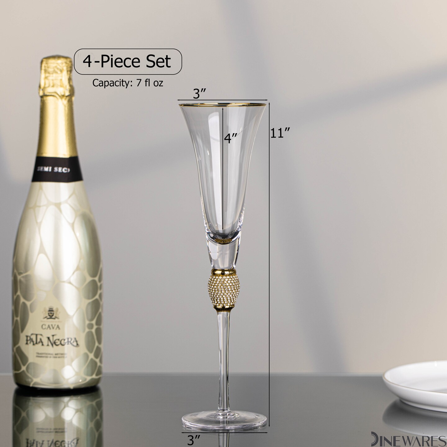 Elegant Crystal Set Wedding Champagne Glasses with Diamond Rhinestone Accents and a Polished Rim - 11 in Tall with Slender Long Stems, 7 oz - Chic Toasting Set for the Bride and Groom