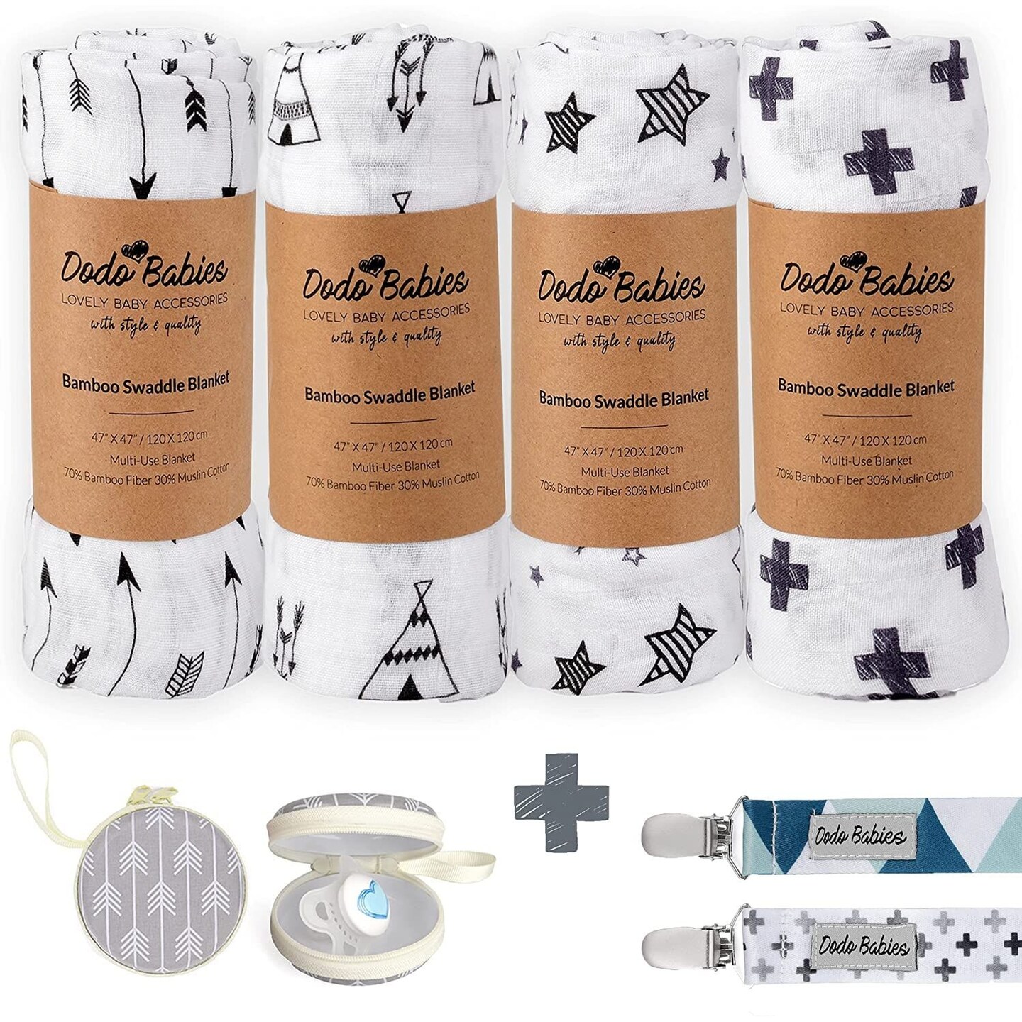 Dodo Babies Swaddle Blanket &#x26; Pacifier Clip Set &#x2013; Four Large Cotton Muslin Receiving Blankets Plus Two Universal Binky Holders and Zip-Close Paci Case &#x2013; Great for New Girl or Boy