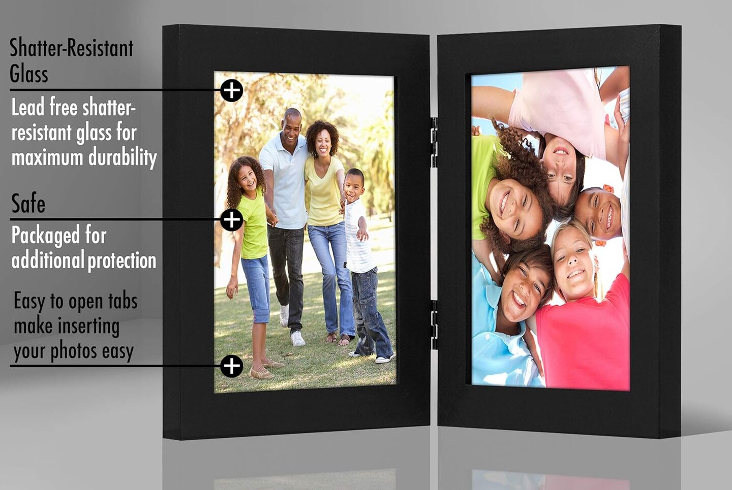 Hinged 5x7 Picture Frame in Black: Double Picture Frame with Engineered Wood and Shatter-Resistant Glass for Tabletop Display