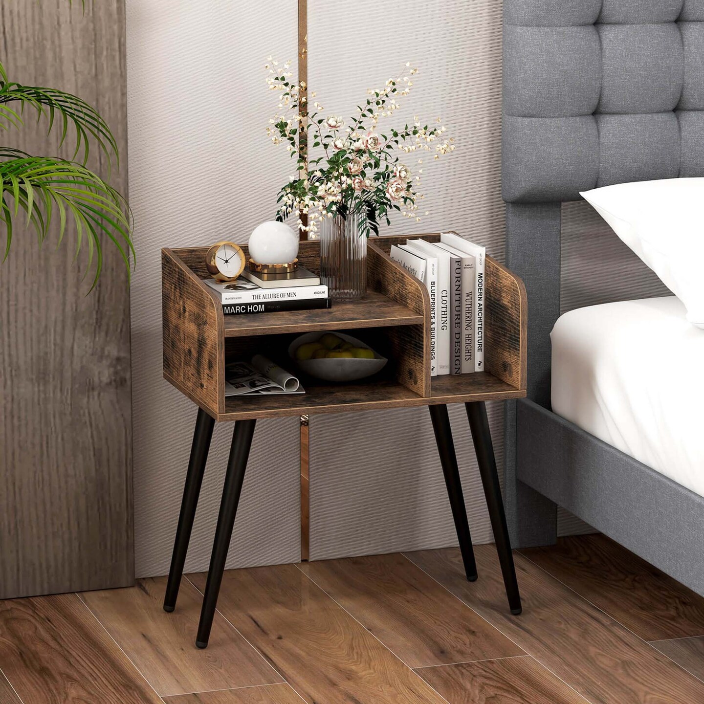 Costway Mid Century Modern End Table with Open Shelves Metal Support Legs for Bedroom White/Black/Coffee