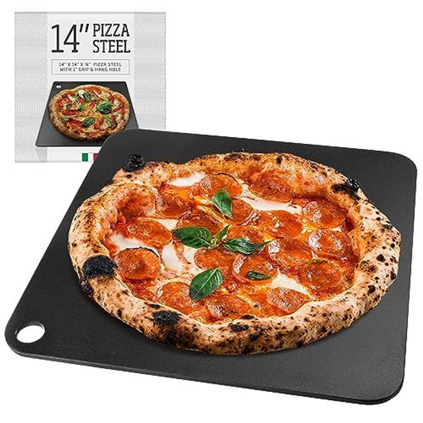 Impresa Pizza Steel for Oven, Durable Steel Platform with Finger Hole for Baking Pizza and Bread, Great Alternative to Pizza Stone, Oven Steel Plate, Make a Pizzeria Style Crust at Home, 14x14 inches