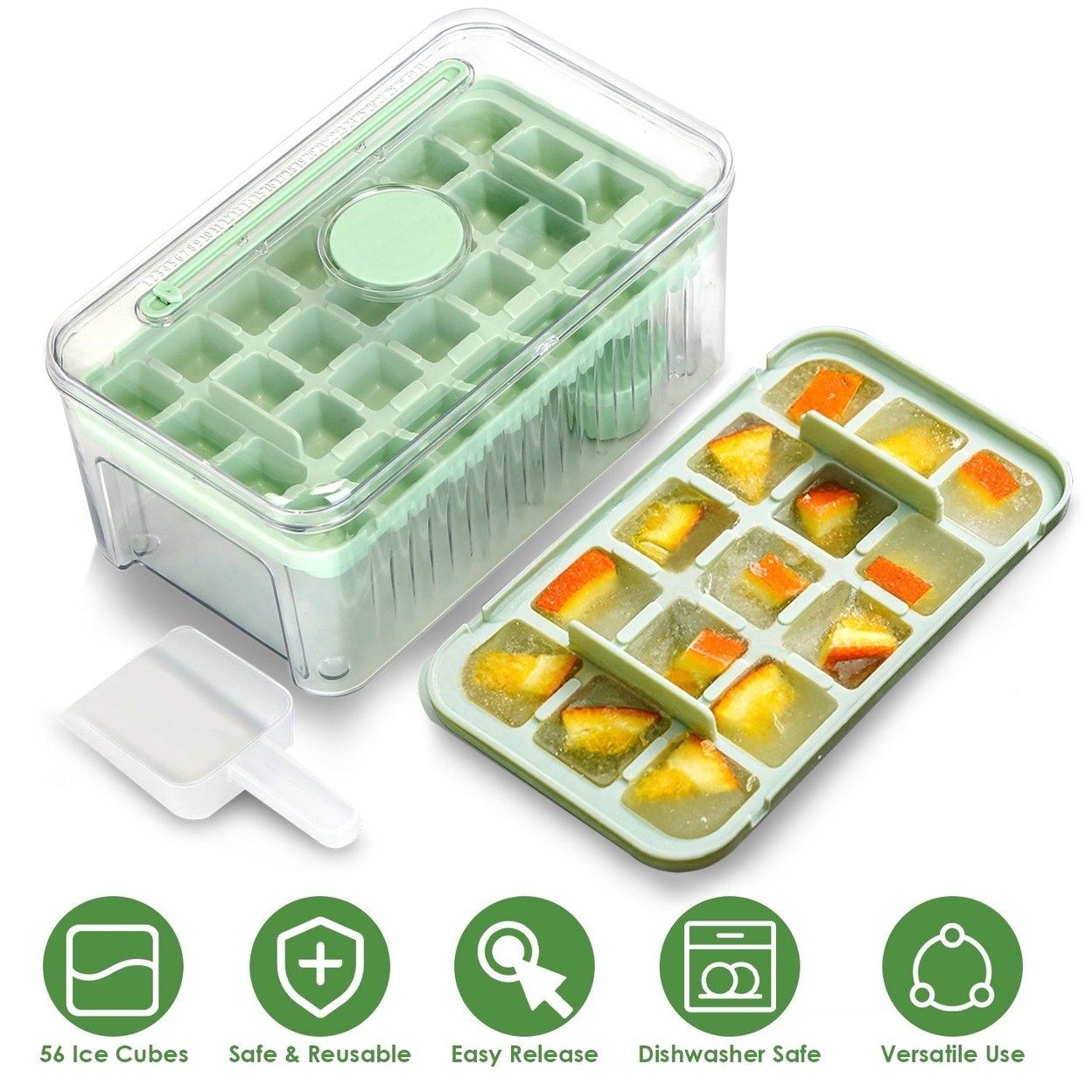 Ice Cube Tray With Lid And Bin Plastic Ice Trays Pop Ice Mold 2 Ice Cube Trays With Scoop Easy Release Stackable