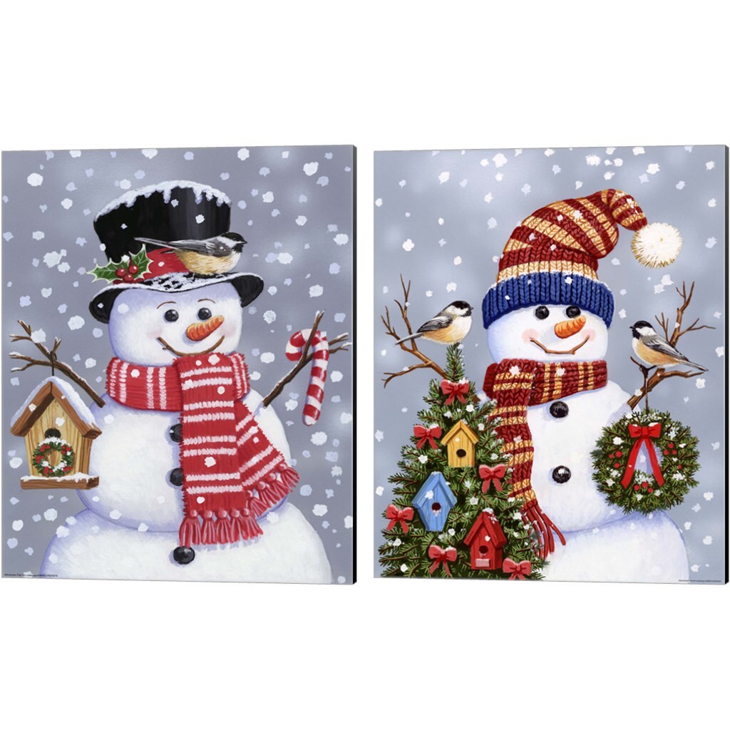 Snowman With Tophat &#x26; Wreath by William Vanderdasson 12&#x22; x 15&#x22; Canvas Wall Art (Set of 2)