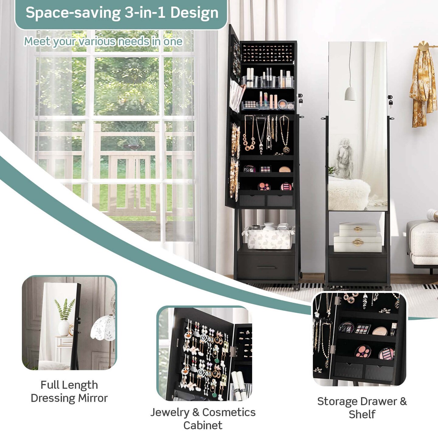 Costway Jewelry Cabinet Armoire Full Length Mirror Lockable with Bottom Drawer &#x26; Wheels White/Coffee/Black
