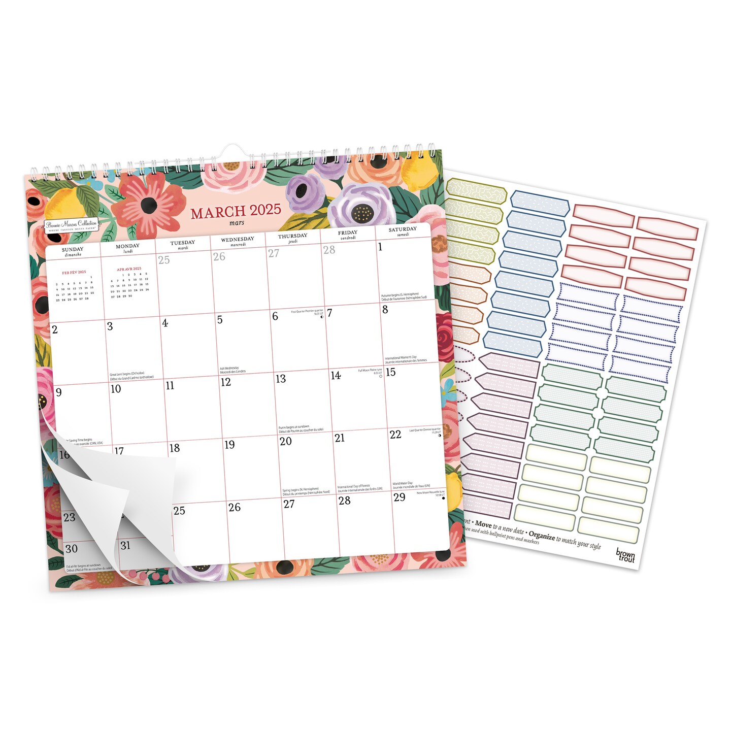 Bonnie Marcus | 2025 12 x 12 Inch Monthly Square Wire-O Calendar | Sticker Sheet | English/French Bilingual | BrownTrout | Fashion Designer Stationery
