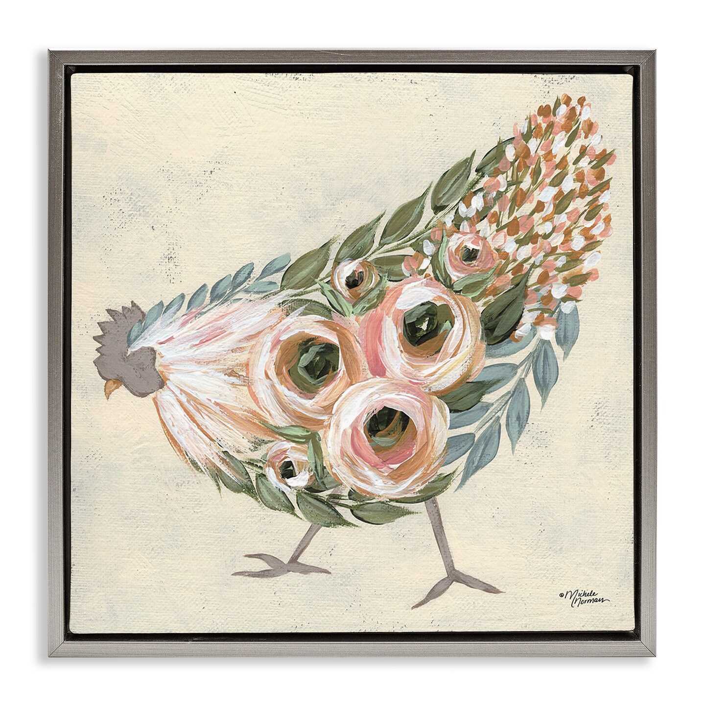 Stupell Industries Vintage Chicken with Floral Body Framed Floater Canvas Wall Art