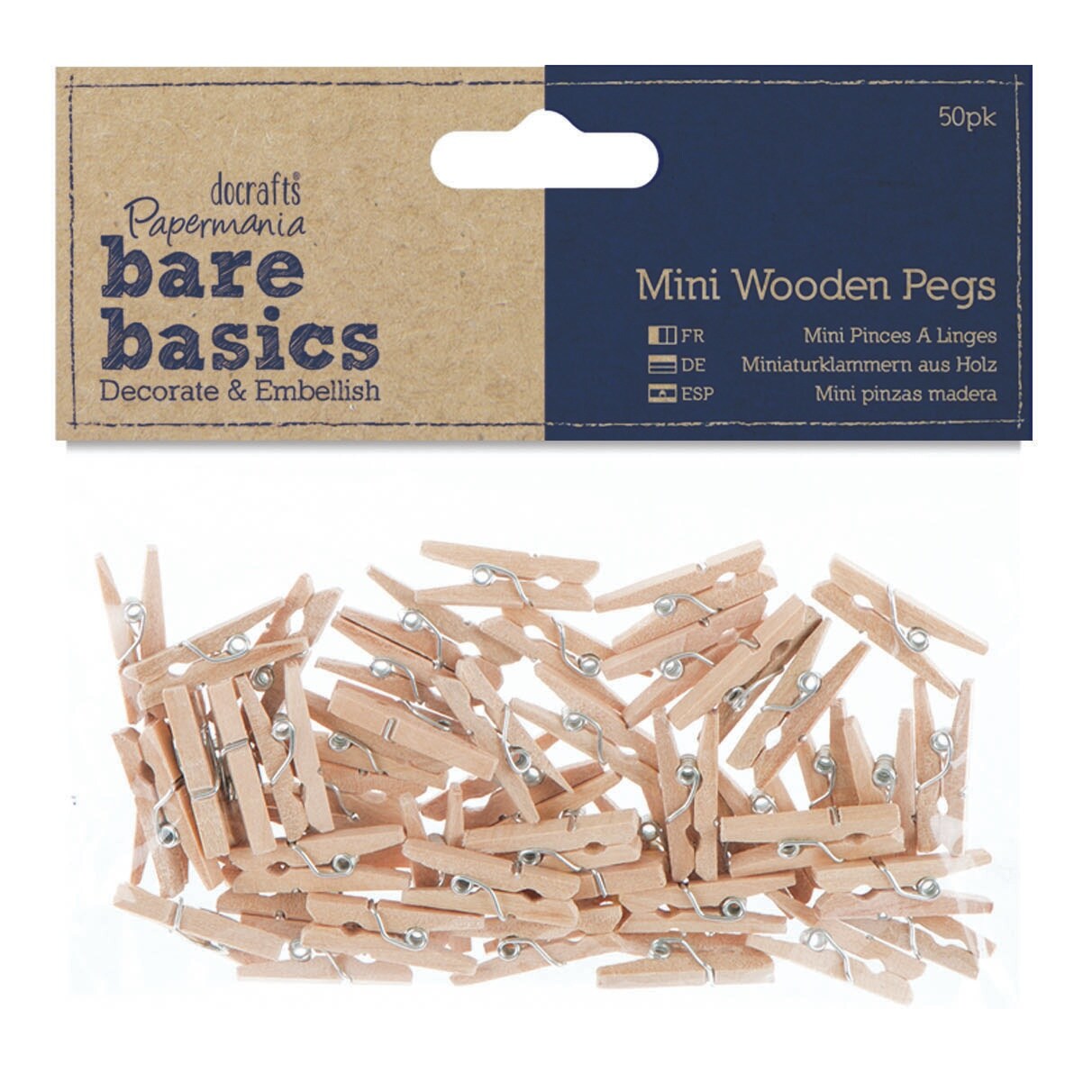 Papermania Bare Basics Mini Wooden Pegs 50/Pkg-Plain Clothespins