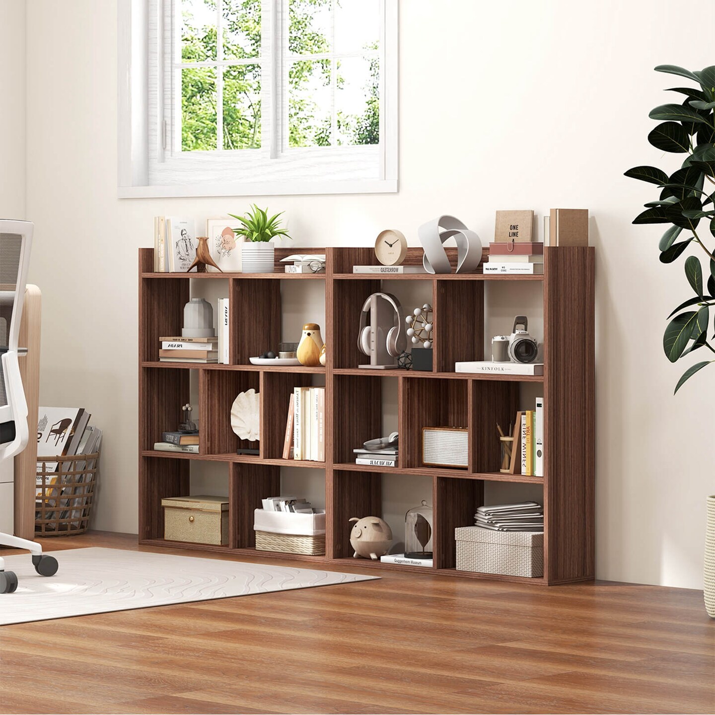 Costway 1/2 PCS 7-cube Bookcase Open Storage Shelf with Anti-tipping Kits for Living Room Walnut