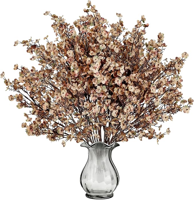 15 Artificial Flowers for Babies&#x27; Breath Gypsophila Bouquets Bulk Real Touch Fake Silk Flowers for Home DIY Floral Arrangement Table Centerpiece Autumn Thanksgiving Decoration (Skin Brown)