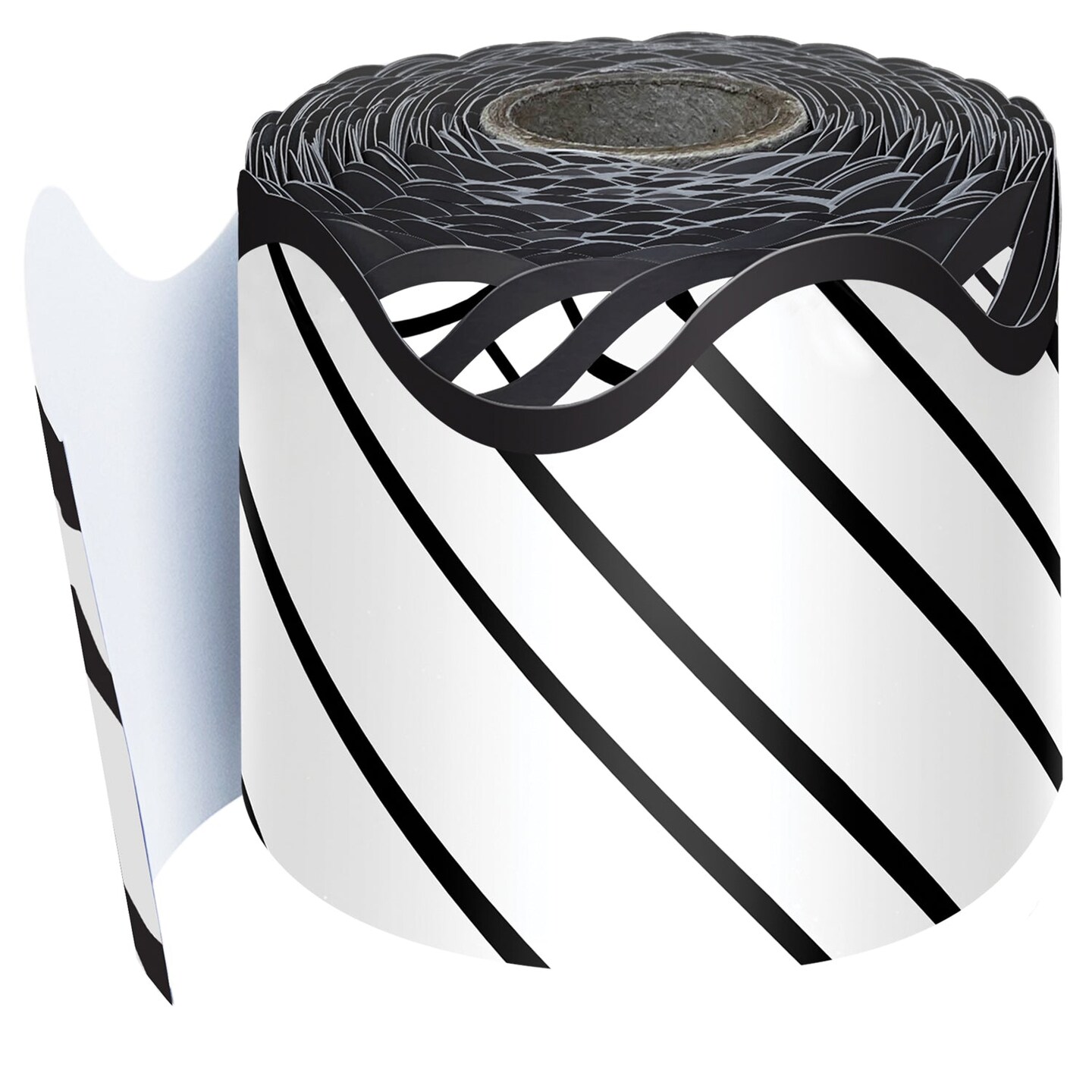 Kind Vibes Black &#x26; White Stripes Rolled Scalloped Border, 65 Feet
