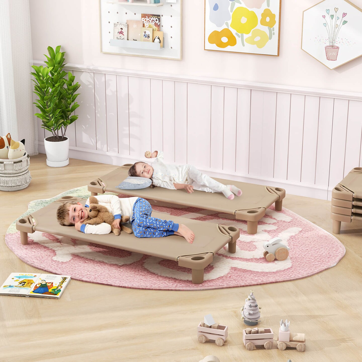 Costway Pack of 6 Kids Stackable Naptime Cot 52&#x22; L x 23&#x22; W Daycare Rest Mat Coffee/Pink/Blue
