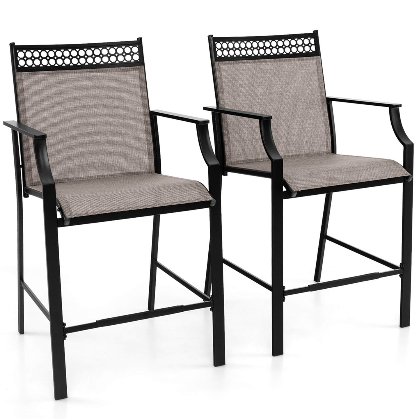 Costway Outdoor Counter Stools Set of 2 with Footrest & Armrests Metal Frame for Backyard Blue/Coffee/Red