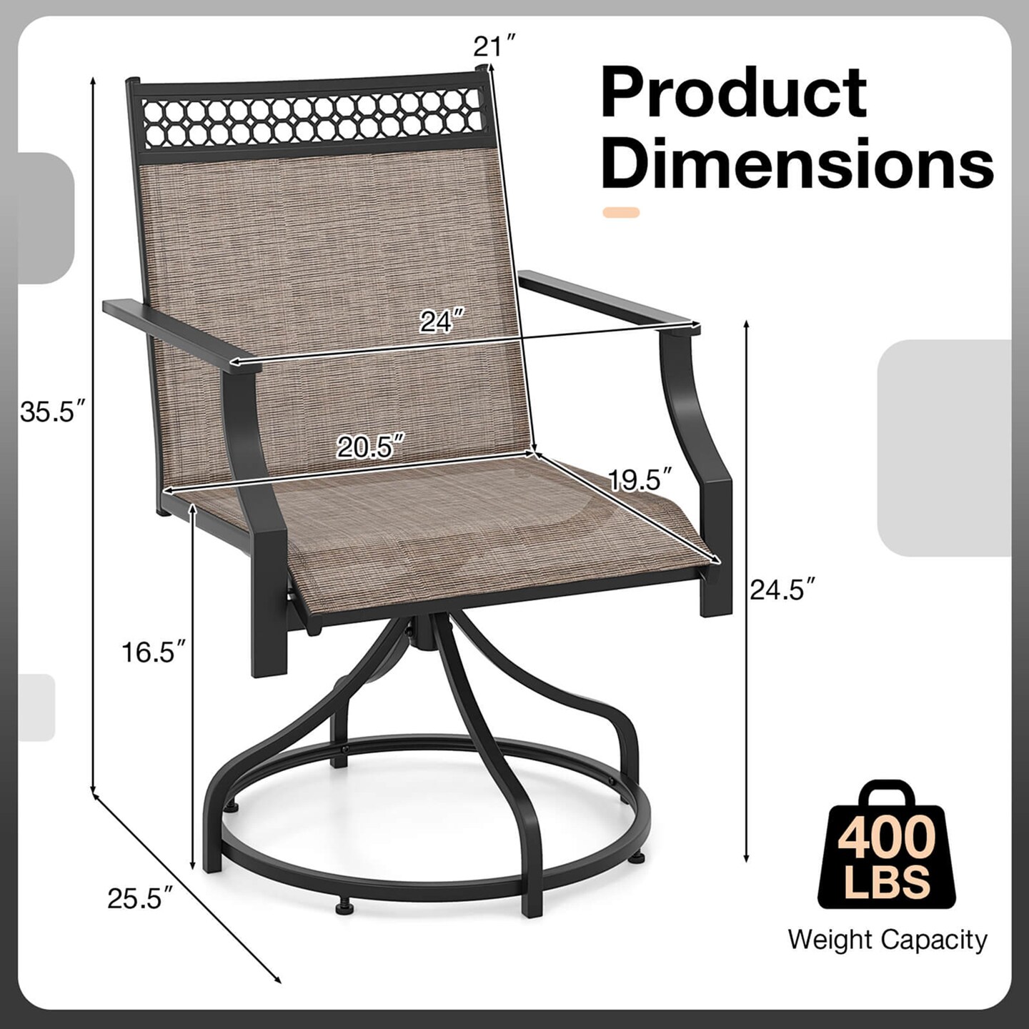 Costway Patio Swivel Dining Chairs Set of 2 with Quick-Drying Fabric and Metal Frame Brown/Gray