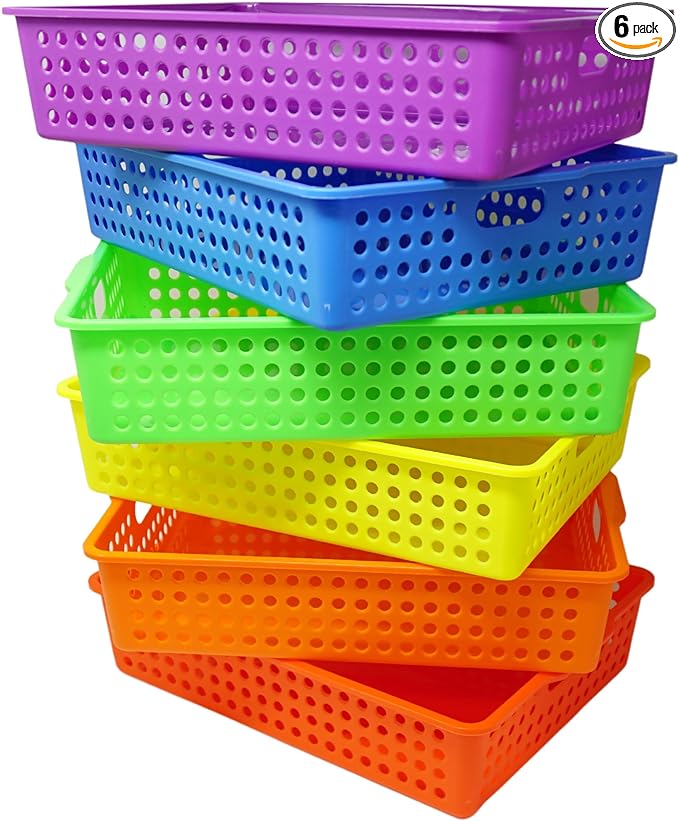 Novelty 6 Pack Colorful Plastic Classroom Storage Bins 13.75&#x22; X 10.25&#x22; for Organizing Paper Trays, pencils, arts and crafts supplies, and rainbow containers for kids&#x27; school supplies