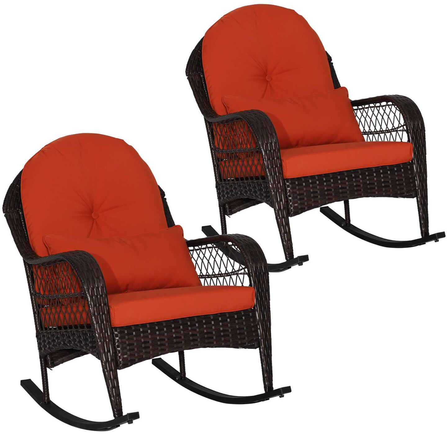 Costway 2PCS Patio Wicker Rocking Chair W/Seat Back Cushions &#x26; Lumbar Pillow Balcony