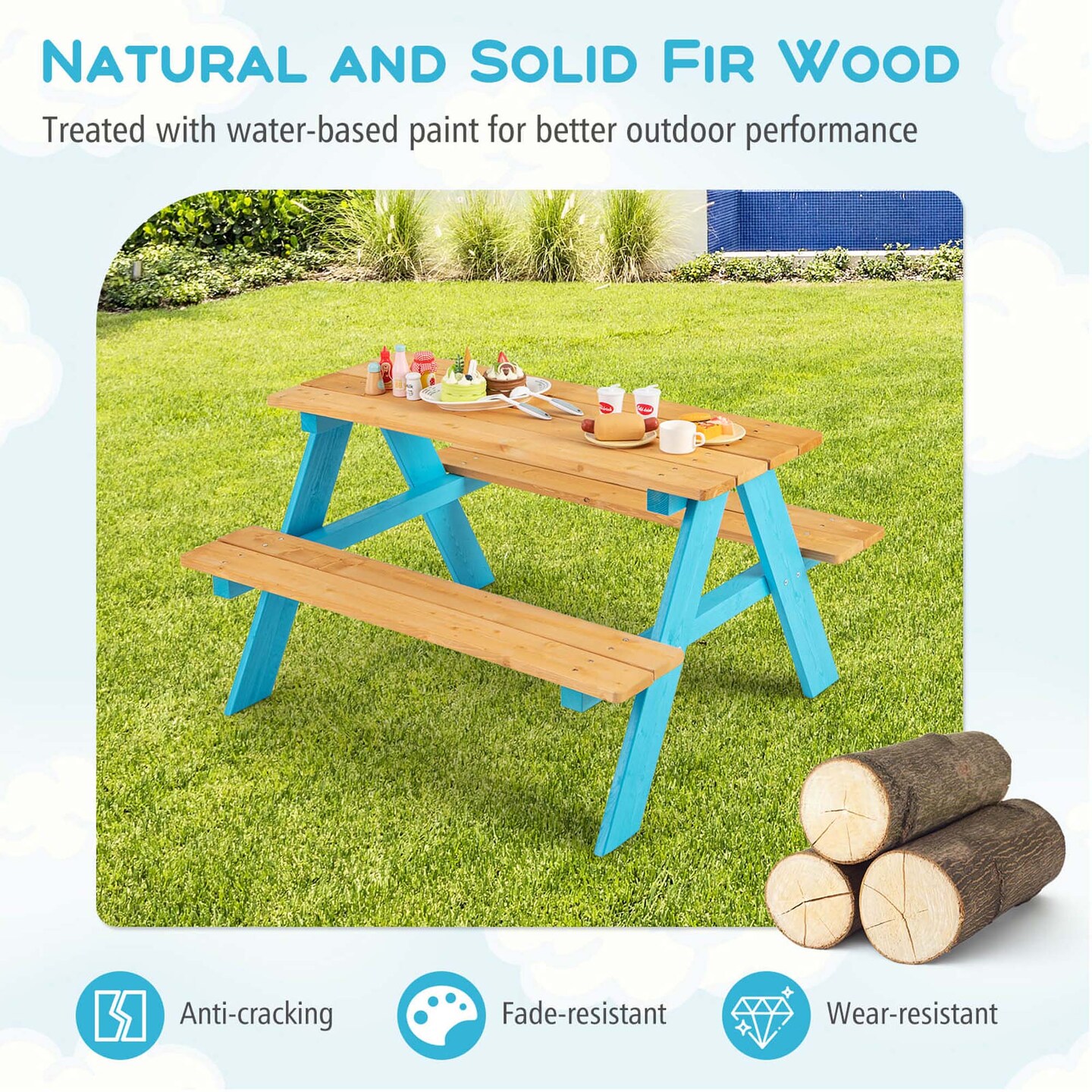 Kids Picnic Table Set Children Outdoor Wooden Table with Bench Seats Backyard