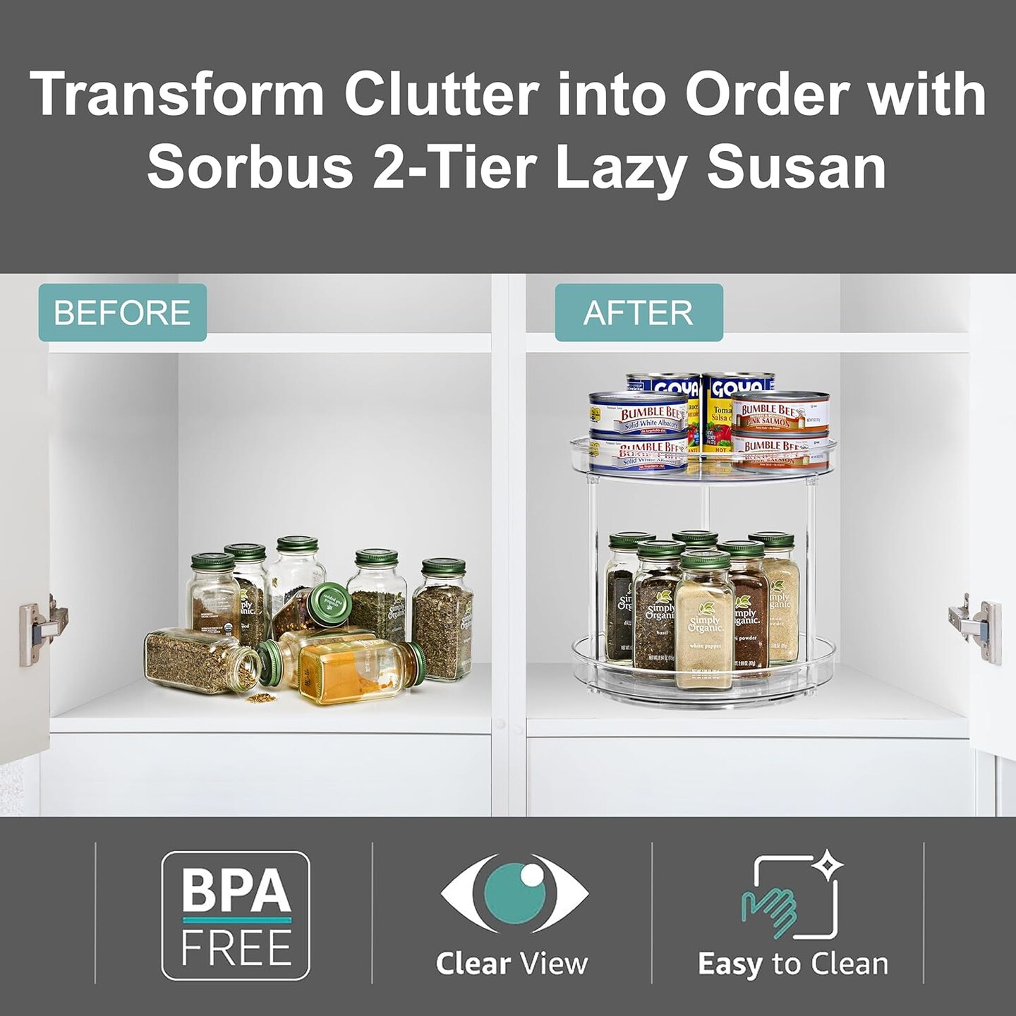 Sorbus 9 Inch 2 Tier Clear Lazy Susan Organizer for Refrigerator Organizing | Rotating Lazy Susan Turntable (2 Pack)