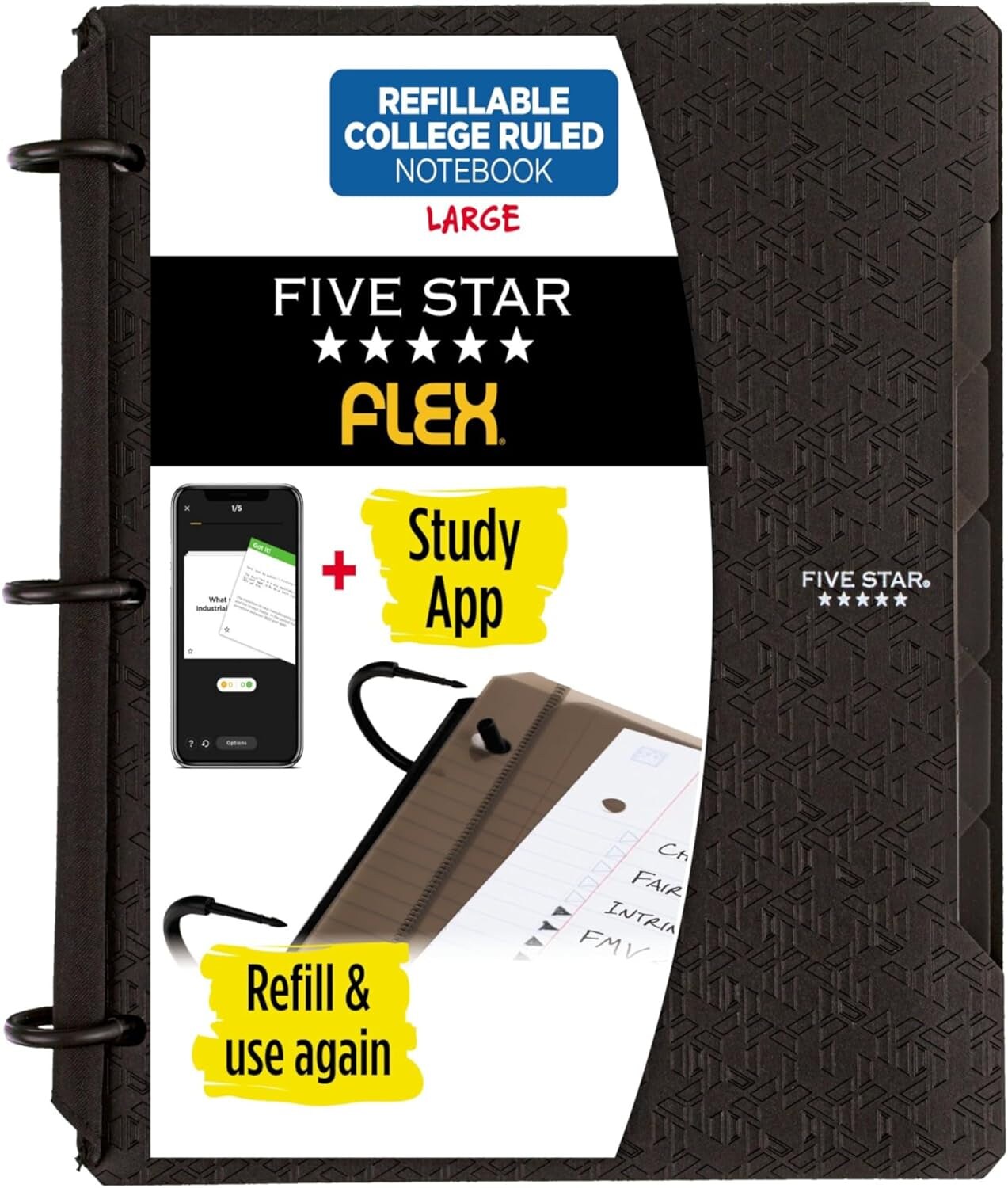 Flex Refillable Notebook + Study App, College Ruled Paper, 1 Inch Techlock Rings, Pockets, Tabs and Dividers, 200 Sheet Capacity, Black (29328AA2)