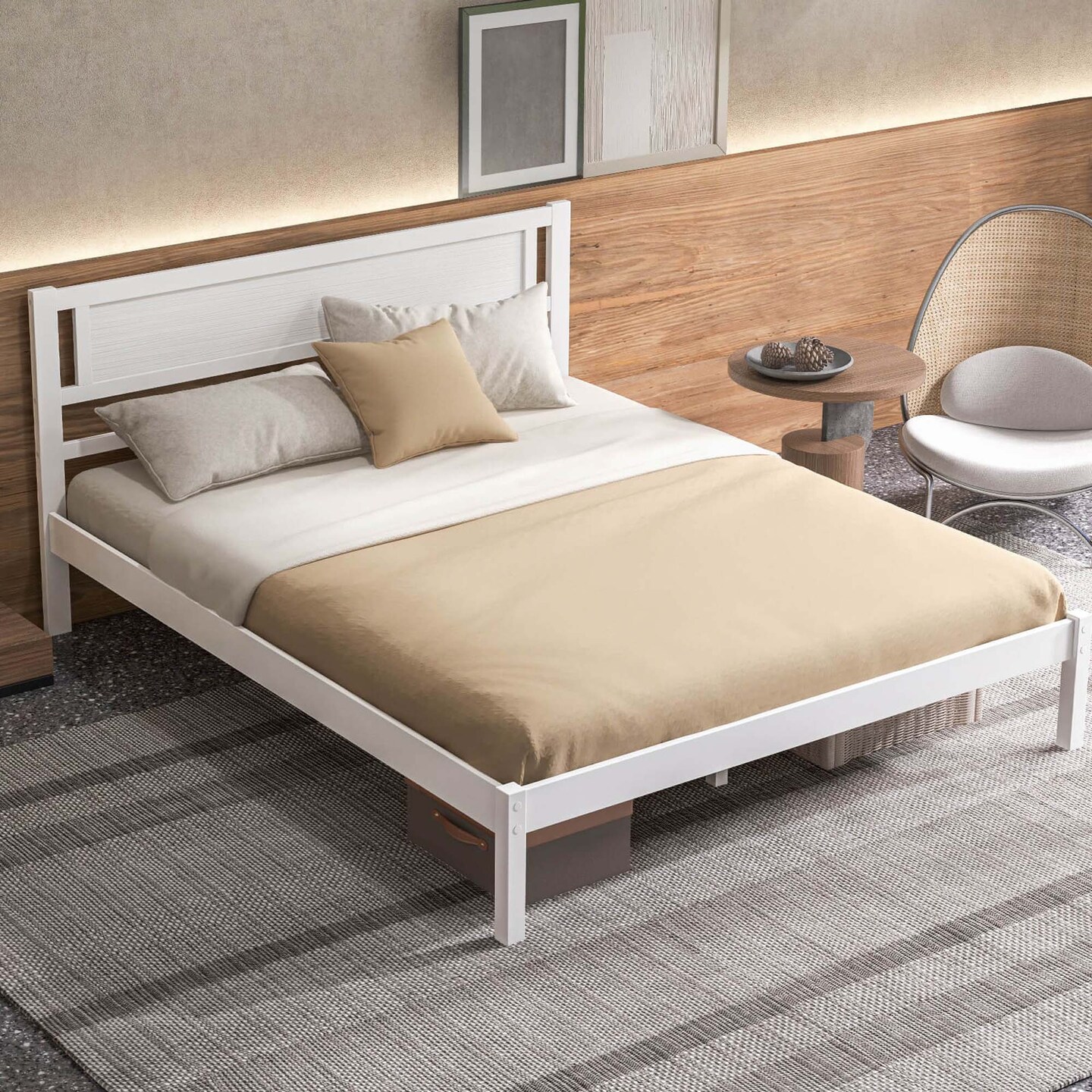Costway Twin/Full/Queen Wooden Platform Bed with 12 Slats Headboard & Under Bed Storage White