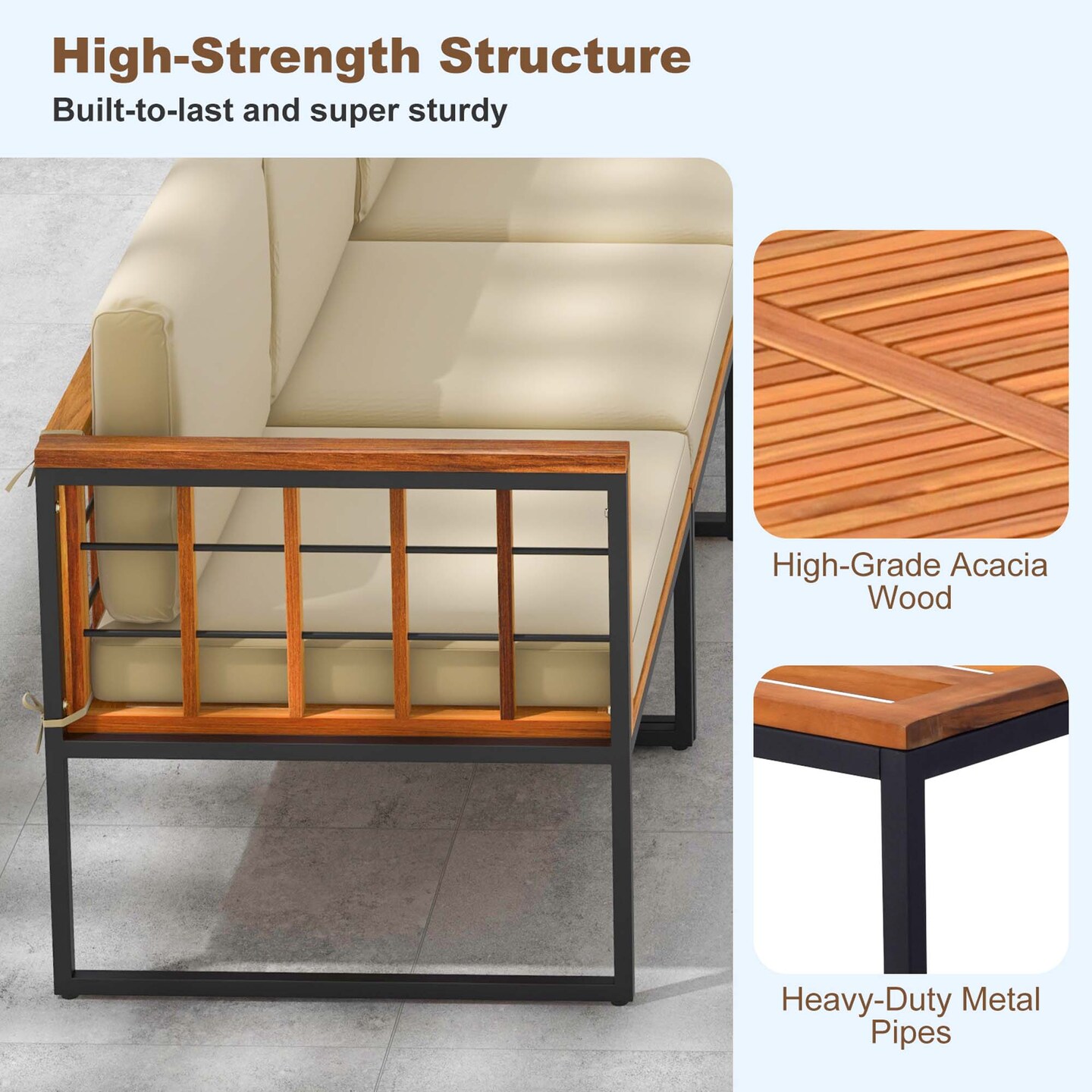 Costway 5 PCS Patio Furniture Set Acacia Wood Sectional Set with Seat & Back Cushions