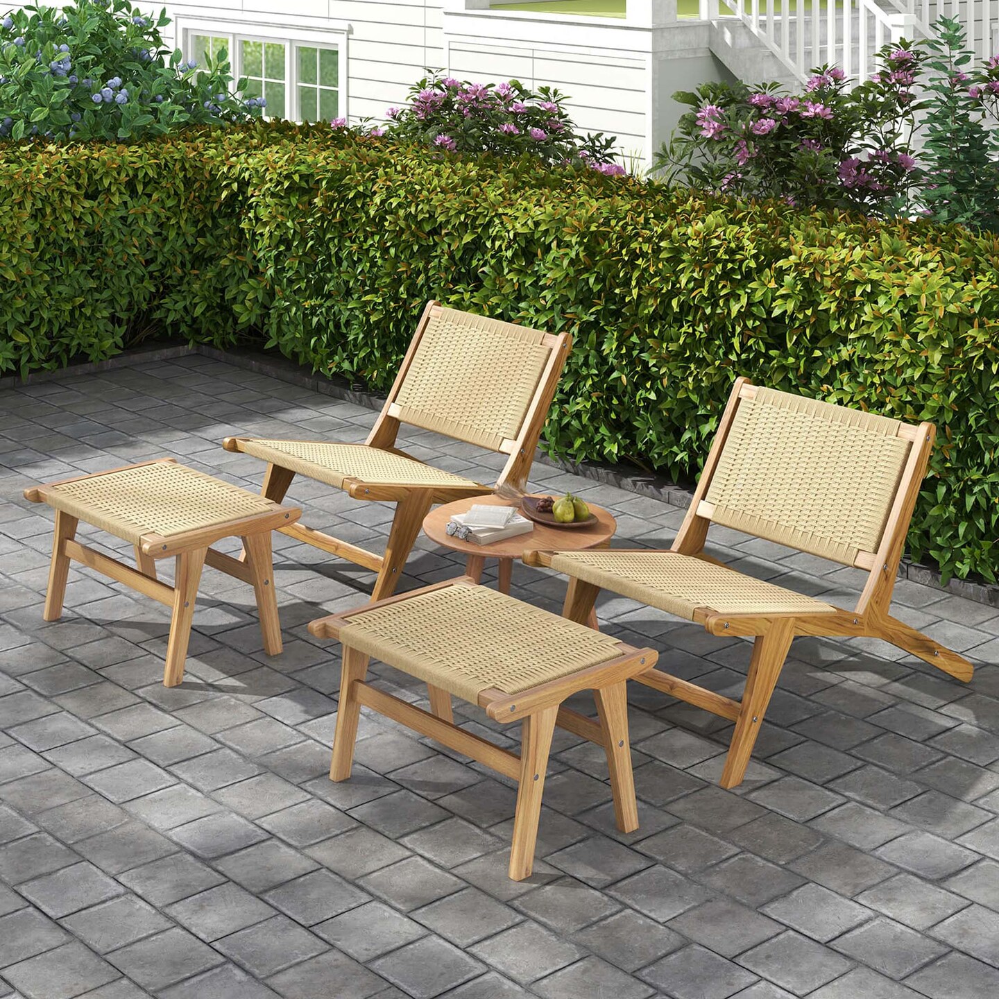Costway 1/2 PCS Teak Wooden Chair with Braided Rope Seat & Backrest Mid Century Modern