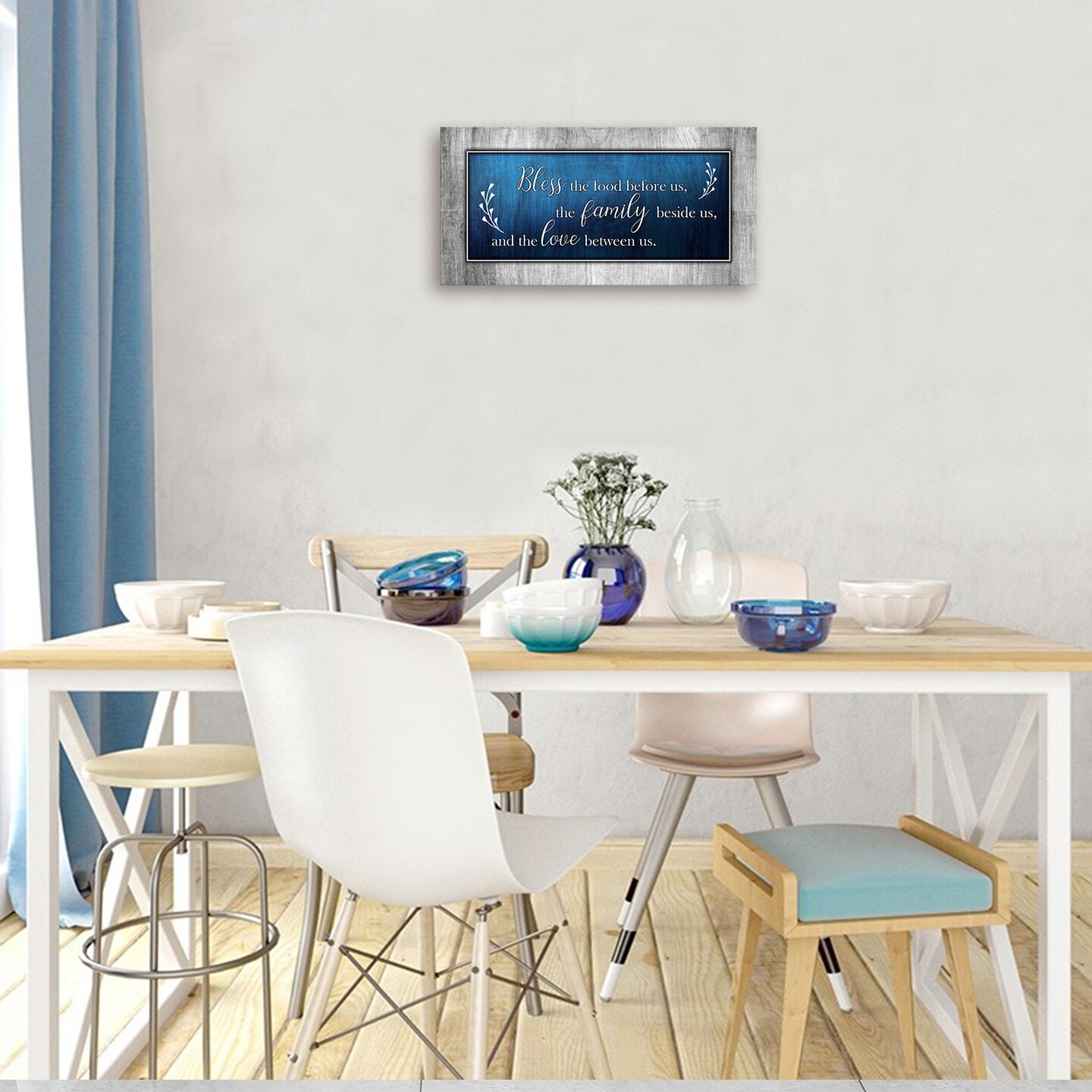 Christian Wall Art Decor Blue and Grey Canvas Prints Bless The Food Quote Wall Pictures Framed Artwork for Home Living Room Dining Room Kitchen Decoration
