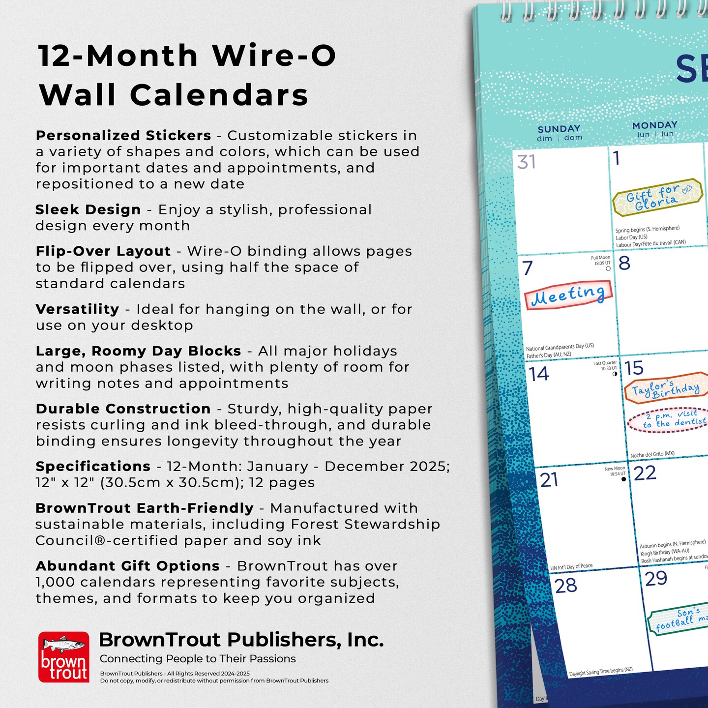 Seaside Currents | 2025 12 x 12 Inch Monthly Square Wire-O Calendar | Sticker Sheet | BrownTrout | Stationery Planning