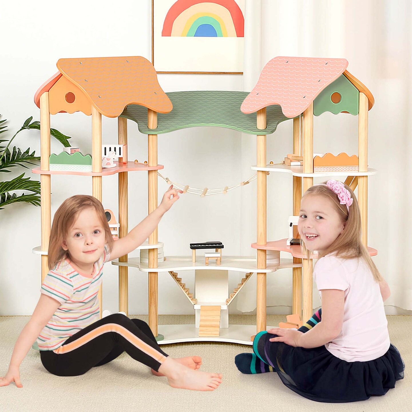 Hoenyjoy Kids Wooden Dollhouse Aged 3-8 Years Old with 32PCS Realistic Furniture Accessories